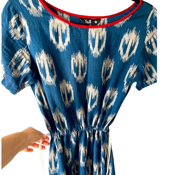 Yell Boho Linen Ikat Print Harem Drop Crotch Jumpsuit Blue Relaxed Festival M - Picture 4 of 12